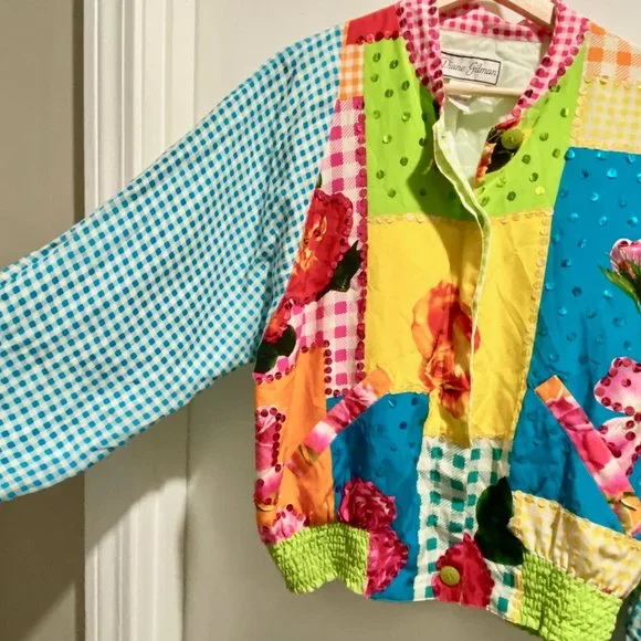 3) Vintage Diane Gilman Art to Wear Artsy Boho Sequined Patchwork Quilt Bomber … - Picture 2 of 9